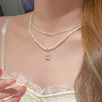 新款法式轻奢锆石镶钻仿珍珠项链女波光粼粼高级感小众叠戴锁骨链