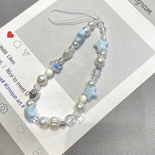 手机链蓝色星星手机壳挂绳简约ccd相机挂绳配饰串珠挂件饰品链条