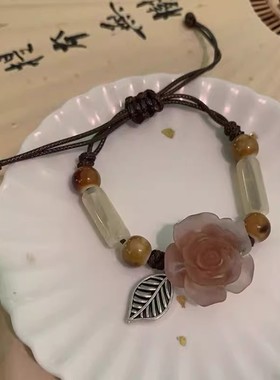 新中式山茶花编织手链女原创设计小众陶瓷手饰民族风手绳饰品