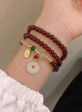 平安扣手链多圈石榴石女小众设计感复古手饰网红闺蜜项链