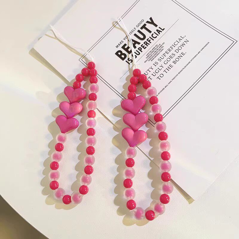 潮酷玫红爱心珠珠手机链可爱款ccd挂饰网红钥匙扣女款手腕式挂件