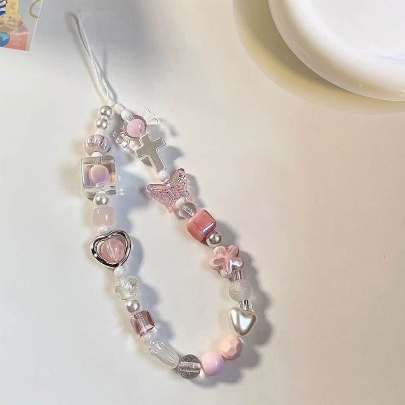 粉色蝴蝶手机链手工diy珠串链条手腕挂绳短款ccd相机挂件女款挂饰,节庆用品/礼品,手机链,淘宝优惠券,粉丝福利购,淘宝优惠卷