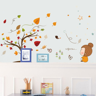 新款卡通枫树落叶客厅卧室电视机背景墙贴贴画平面贴纸XL7202