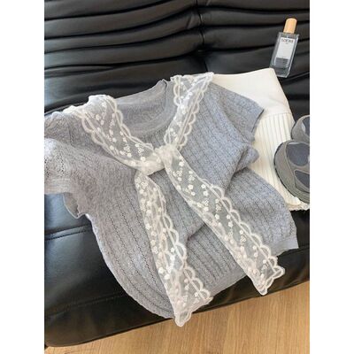 冰爽丝针织短袖女2026春夏季带蕾丝披肩T恤内搭上衣慵懒感打底衫