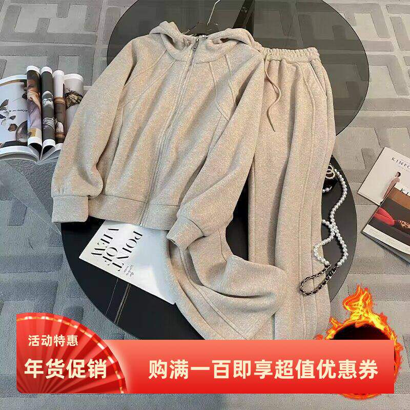 连帽卫衣套装女欧货秋冬季时髦洋气休闲运动服阔腿裤两件套加绒潮