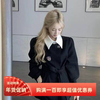 英伦学院风假两件西装外套女2023秋冬季新款黑色拼接西服上衣潮