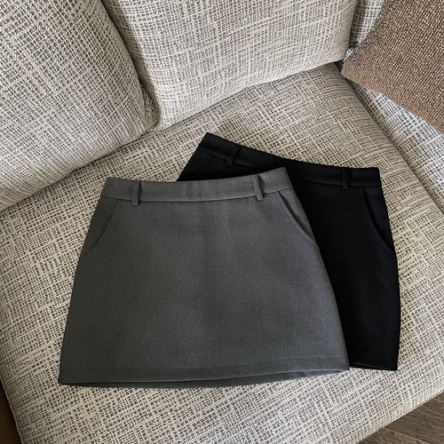 FASC自制 秋季新款灰色半裙包臀a字短裙女韩版高腰小个子半身裙