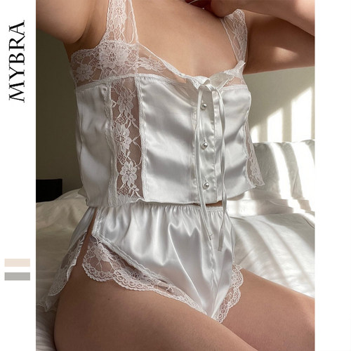 SoftRomance性感甜辣透视蕾丝冰丝家居服套装纯欲诱惑睡衣套装女