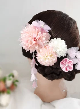 夏日祭和服浴衣日系可爱球菊发饰和风糖果色邹布绢花套装发夹
