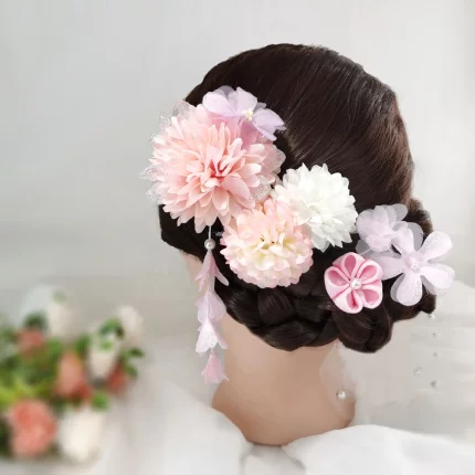 夏日祭和服浴衣日系可爱球菊发饰和风糖果色邹布绢花套装发夹