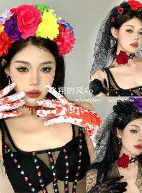 万圣节发箍头饰仿真布艺花朵头饰亡灵节暗黑系cosplay 化妆配饰