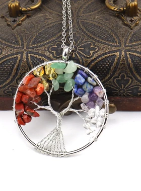 天然碎石水晶生命树挂件挂饰小礼物小礼品七彩天然石发财树项链