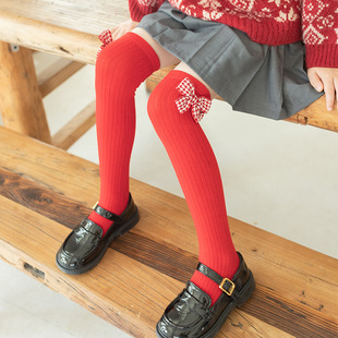 儿童红袜子女童过年新年本命年纯棉红色袜子女孩一双中筒长筒过膝