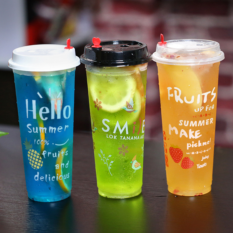 新品水果杯700ml注塑杯奶茶杯子批一次性帶蓋果汁飲料打包杯500