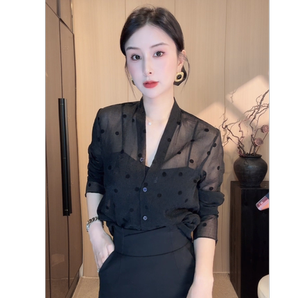 刘欣服饰 春夏新款气质..打底长袖小众上衣时尚上衣衬衫3321