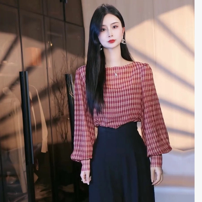 2025新款黑格子网红时尚复古上衣