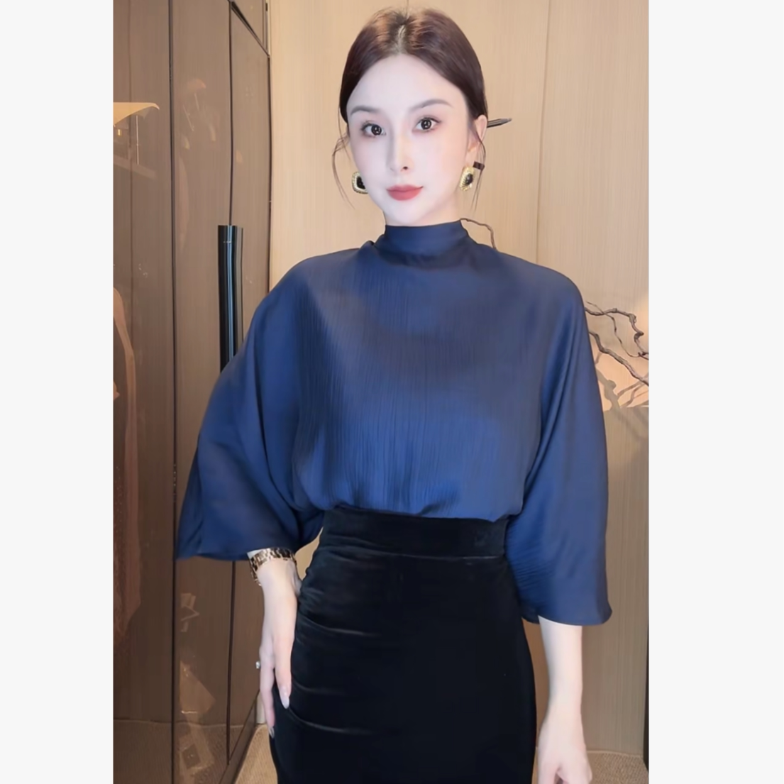 刘欣G店 藏青 七分袖高领蝙蝠衫宽松上衣S357(衣长62）