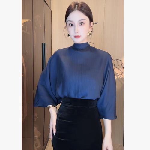 刘欣G店 藏青 七分袖高领蝙蝠衫宽松上衣S357(衣长62）
