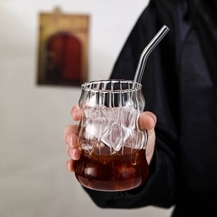 包装云朵杯风咖啡玻璃杯子螺旋条纹吸管杯高硼硅玻璃杯
