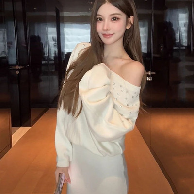 外贸出口转内销法式不规则白色斜肩针织连衣裙女秋冬季修身内搭毛