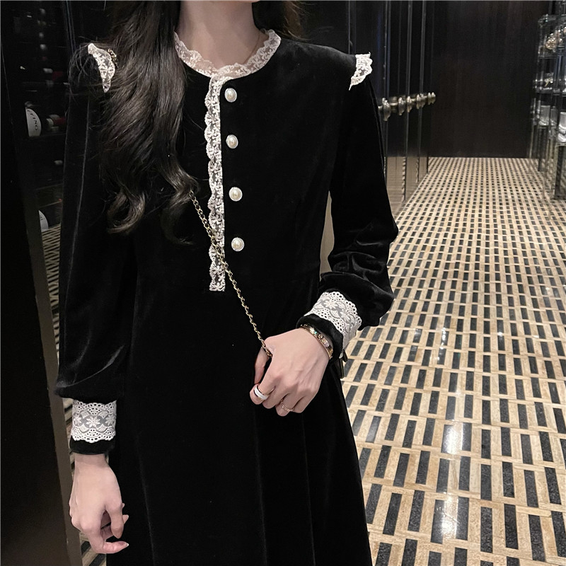 外贸出口转内销大码赫本风高级感金丝绒连衣裙女秋季胖mm显瘦百搭