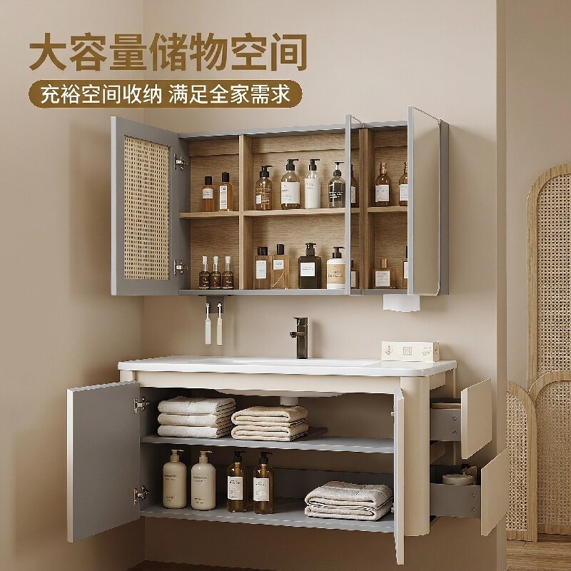 陶瓷浴室柜一体盆洗漱台萧山卫生间浴室柜新款广东佛山中古风镜柜