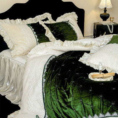 高端法式牛奶绒四件套软糯保暖冬季加厚复古绿色工艺款4件套床品