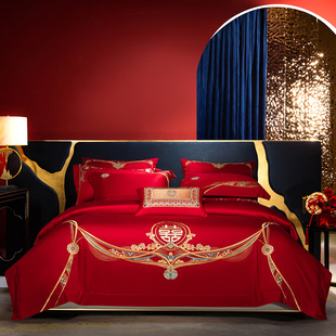 高端婚庆160支天丝棉四件套大红色结婚陪嫁床上用品亲肤柔软床单4