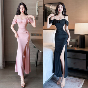 法式 收腰显身材镂空收腰设计开叉小姐佳丽吊带连衣裙荷叶边气质女