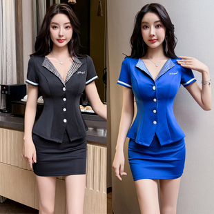 显瘦工作服高级感气质2026新款 V领spa短裙修身 短袖 足浴女技师套装
