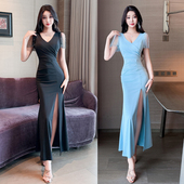 性感v领气质收腰显瘦按摩技师长款 足浴按摩技师服 开叉连衣裙柔式