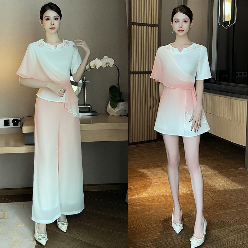 渐变拼色柔式高端美容院技师桑拿spa2026年夏季新款国风裙裤套装