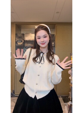 【TIAO~】温柔小香风 针织蝴蝶结拼接女毛针织衫复古设计感针织衫