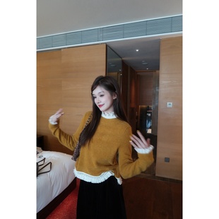 女拼接宽松型毛针织衫 木耳毛绒打底 秋冬设计感套头 厚版 TIAO