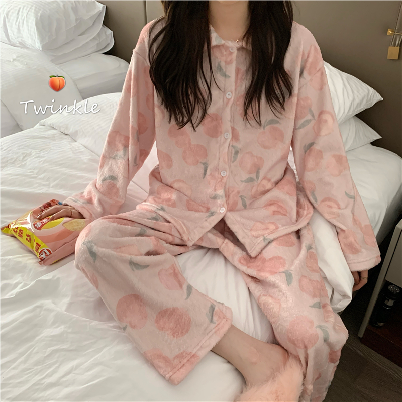 Real price autumn and winter Plush honey peach long sleeve pajamas home suit