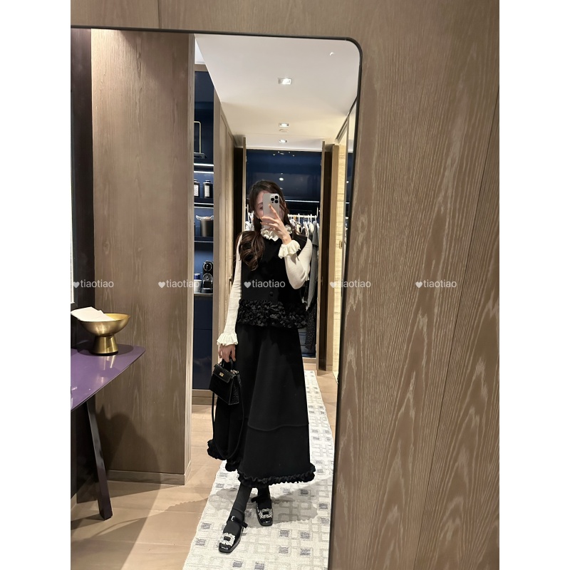 【TIAO~】法式木耳边两件套 温柔贵气拼接针织无袖时尚套装女秋冬