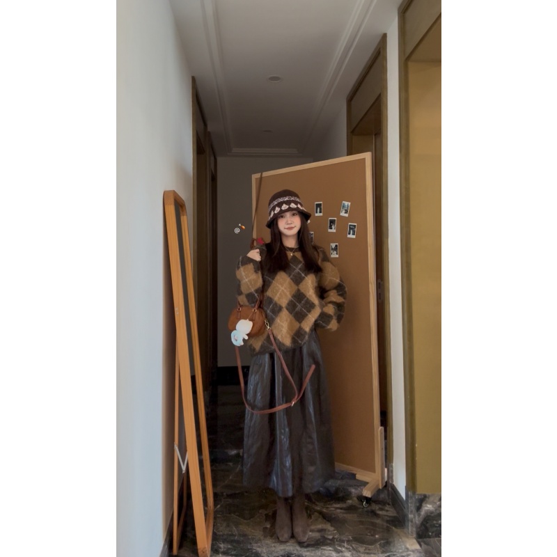 【复古皮裙】棕色褶皱秋冬流行新款时尚气质半身裙-CQ20251256