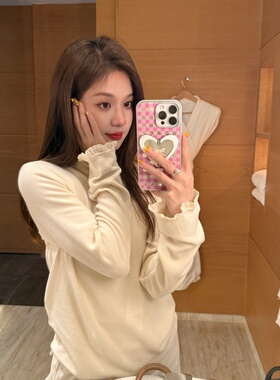 TIAO~ 磨毛厚版打底 蕾丝纯色磨毛拼接长袖T恤百搭针织打底衣秋冬