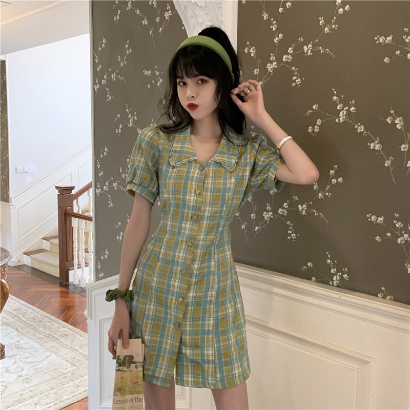 Real price retro French suit collar versatile Plaid slim dress