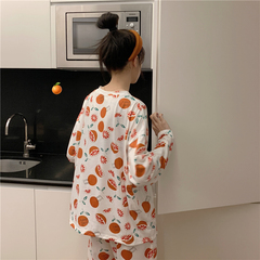 Real shot real price cute orange print girl cartoon long sleeve pajamas home clothes