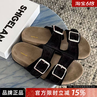 诗歌兰真皮勃肯鞋女款2026夏厚新款底双扣带一字拖百搭外穿凉拖鞋