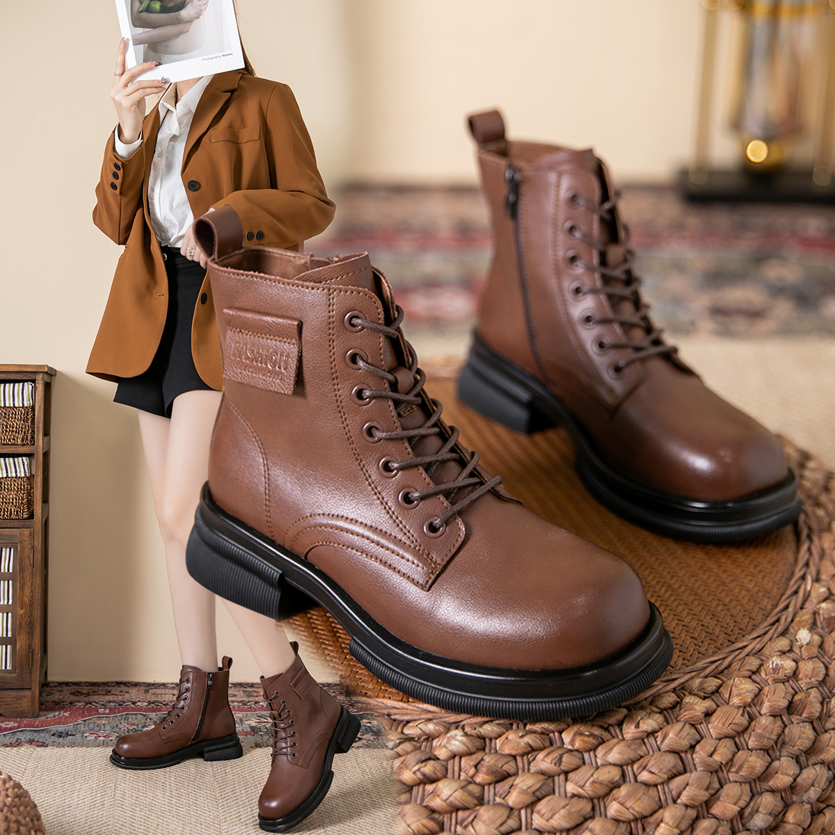 纯色舒适拼接金属扣系带显瘦