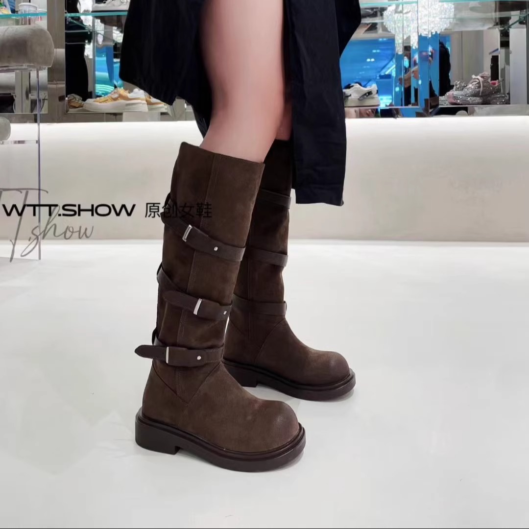 欧洲站高货磨砂皮牛皮皮带扣长靴