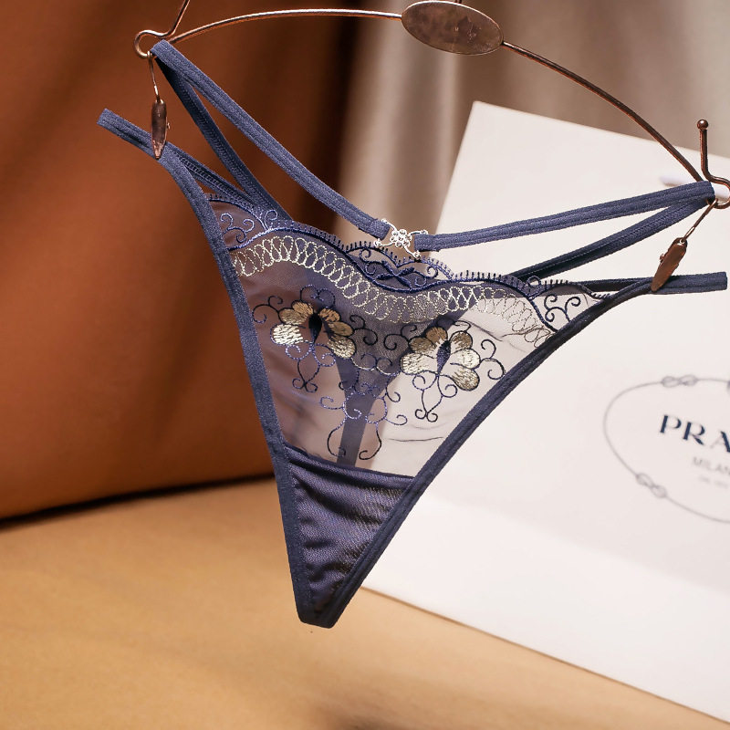 超薄透明丁字裤女网纱绣花刺绣性感钻饰t字内裤低腰无痕 性感丁字