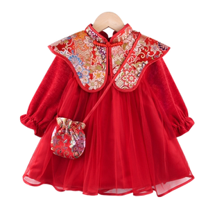儿童连衣裙秋冬旗袍女童国风唐装小女孩洋气公主裙红色拜年服