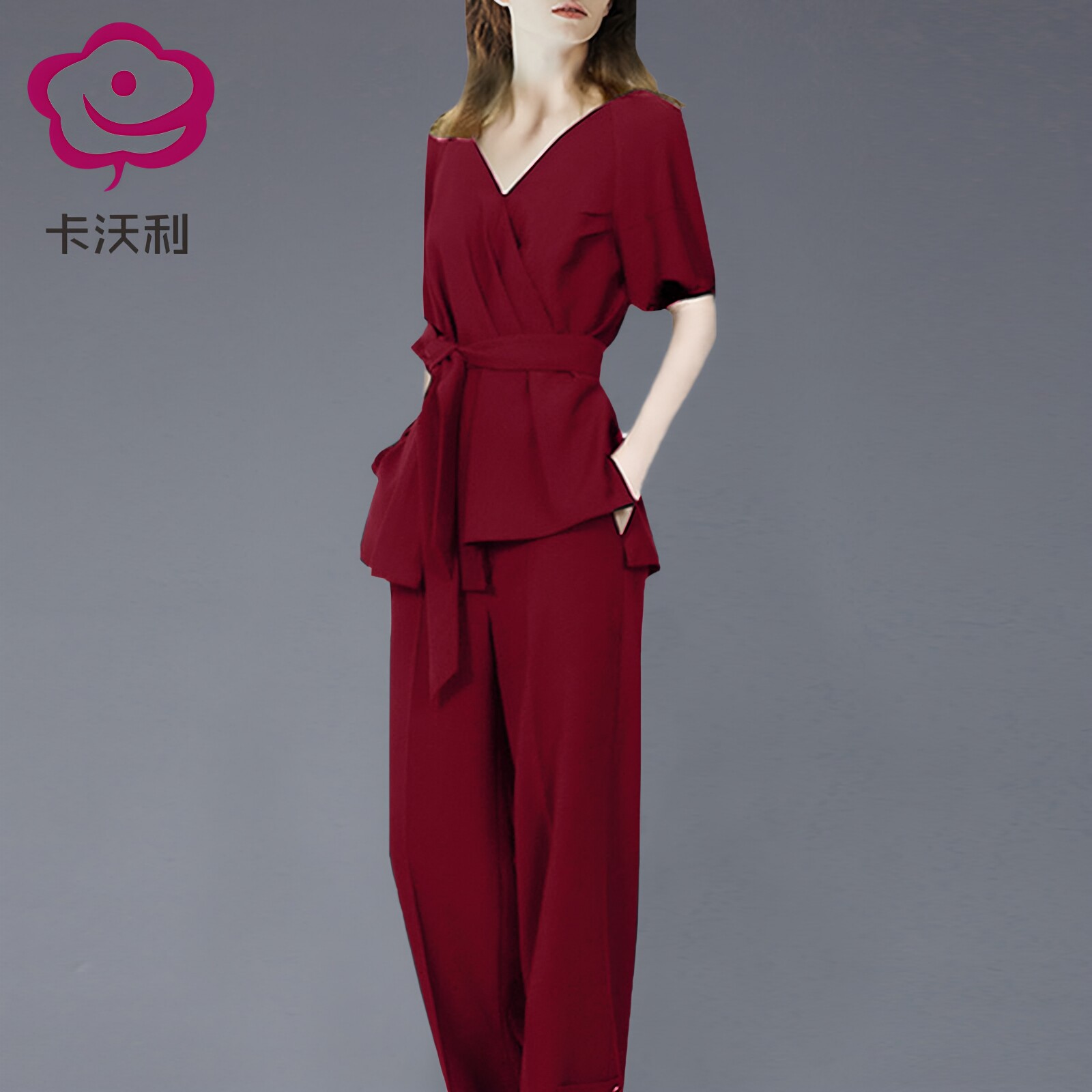 卡沃利欧美高档气质时尚套装女夏季新款显瘦衬衫阔腿裤两件套红色