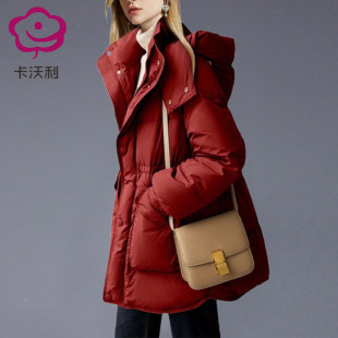 复古高档加厚面包服连帽外套女白鸭绒冬季新款气质红色中款羽绒服