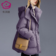 高档时尚加厚面包服连帽外套女白鸭绒冬季新款气质紫色中款羽绒服