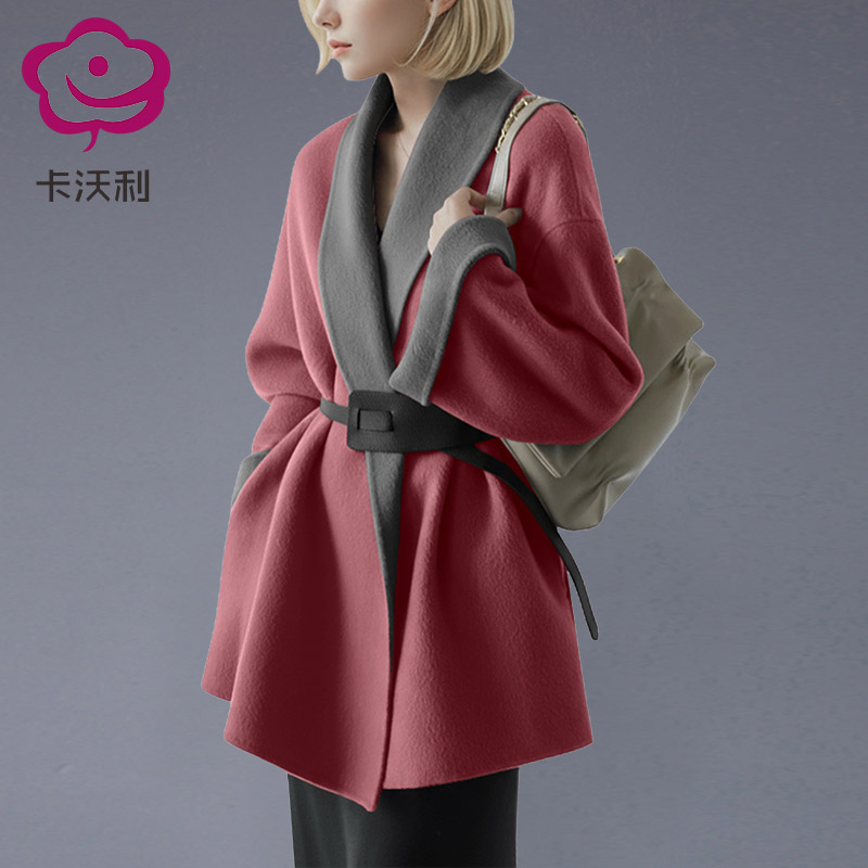 卡沃利气质修身系带大衣羊毛