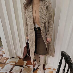时髦经典 法式复古英伦风威尔士格纹羊毛长款大衣秋冬
